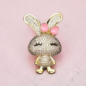 NWT* Gold RHINESTONE Bunny Rabbit Brooch with Pink Bow
